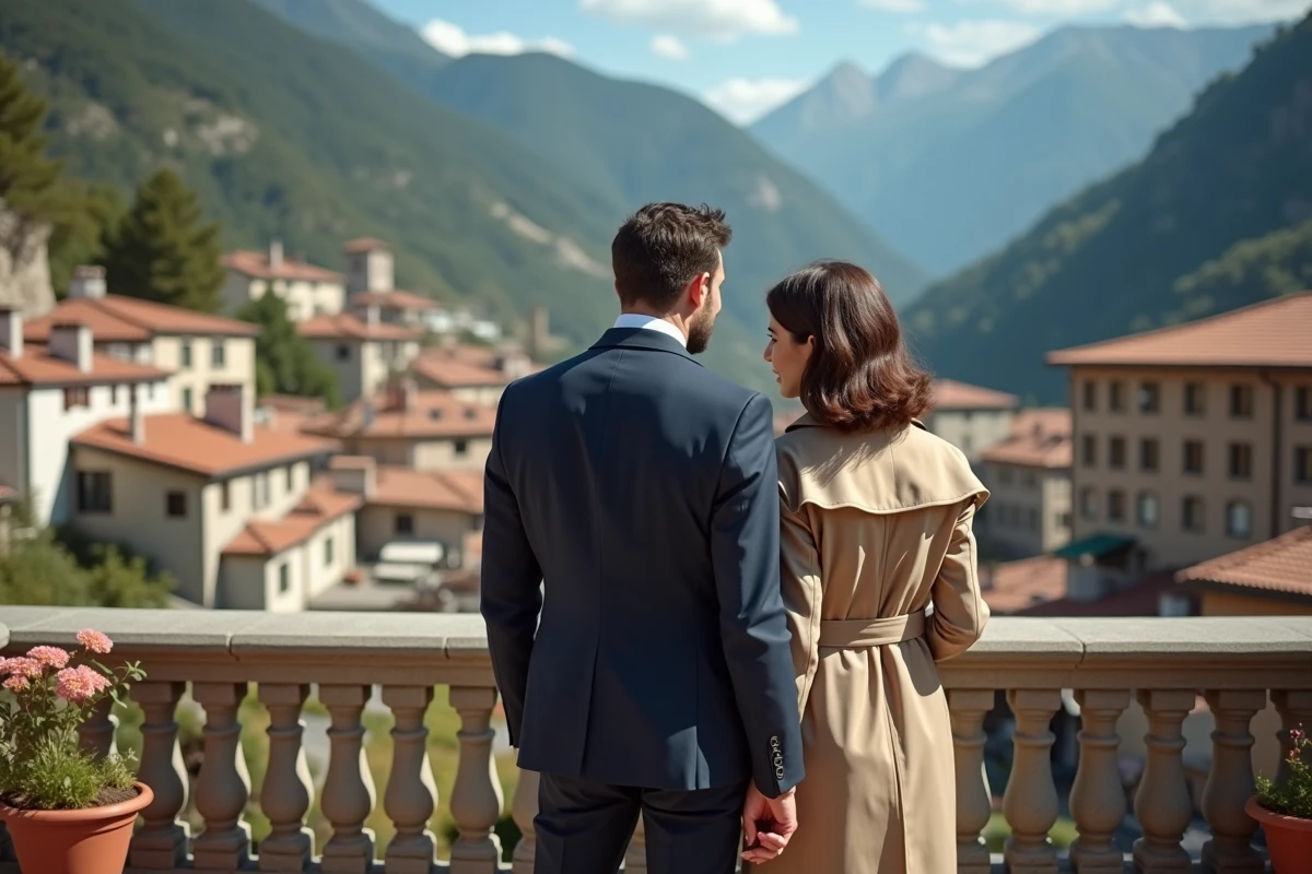 Couple regardant un appartement avec vue sur un village andorran en montagne