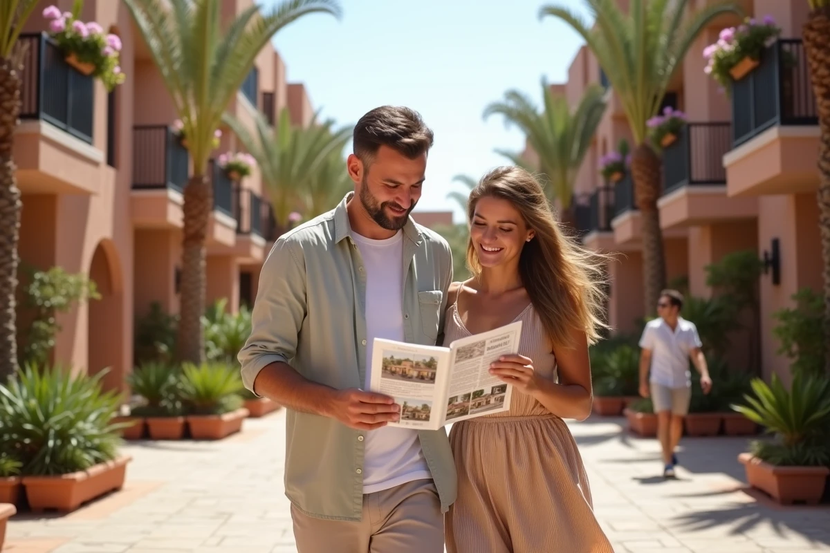 Couple visitant une résidence moderne à Gueliz Marrakech pour l'achat d'un appartement en 2026