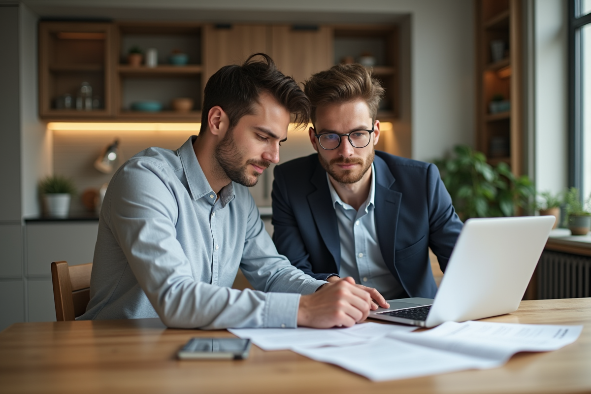 Jeune couple en cuisine avec documents de mortgage
