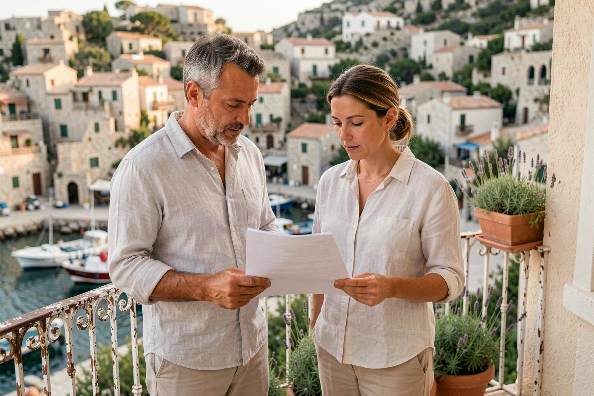 Couple examinant des documents immobiliers sur la terrasse partagée d'une maison de pêcheur méditerranéenne en copropriété