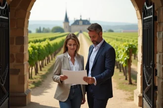 Couple examinant une propriété viticole à vendre à Bordeaux devant une entrée en pierre calcaire avec vignes en arrière-plan