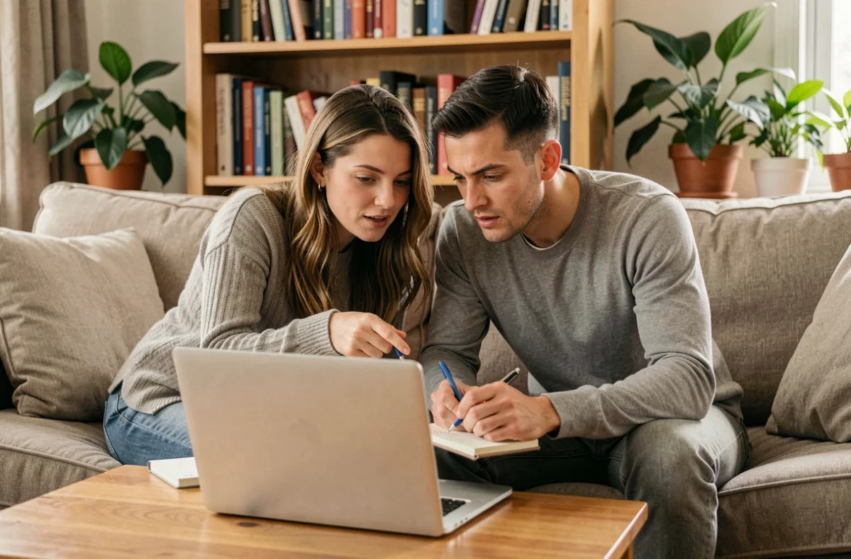 Couple comparant des contrats d'assurance habitation en ligne sans premier paiement sur canapé