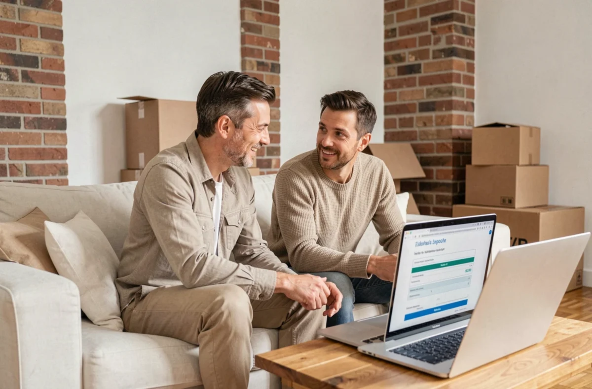 Couple cherchant une assurance habitation au meilleur tarif sur ordinateur portable dans un appartement rénové à Albi