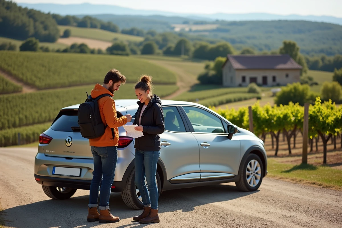 Jeune couple consulte une carte dans un vignoble en campagne