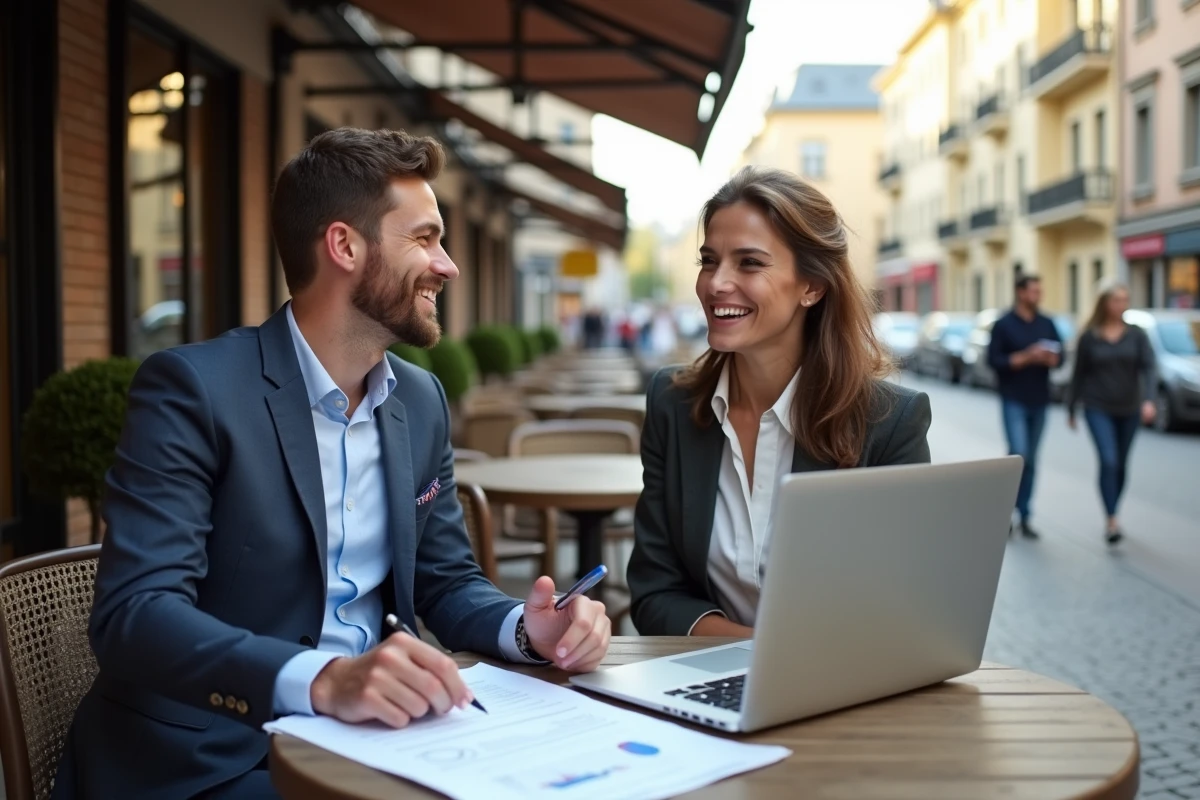 Jeune couple d affaires discutant en terrasse urbaine