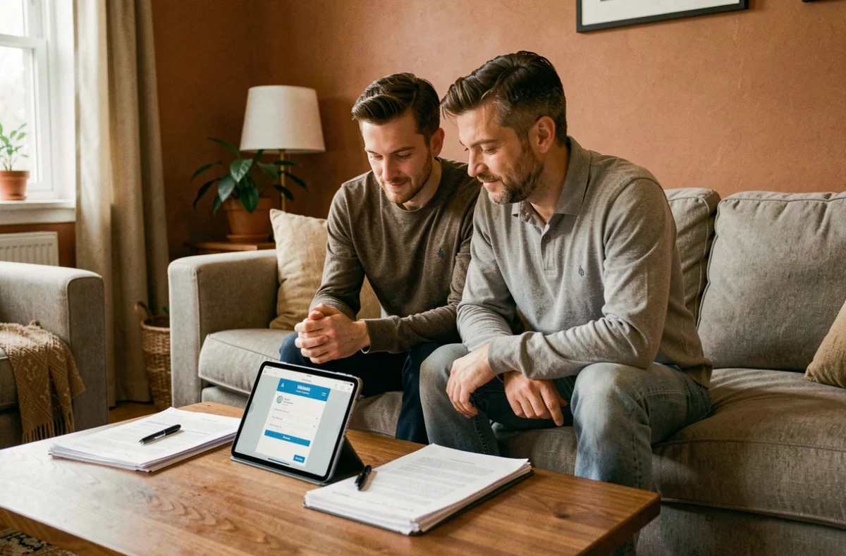 Couple comparant des offres d'assurance logement sur tablette dans un appartement confortable