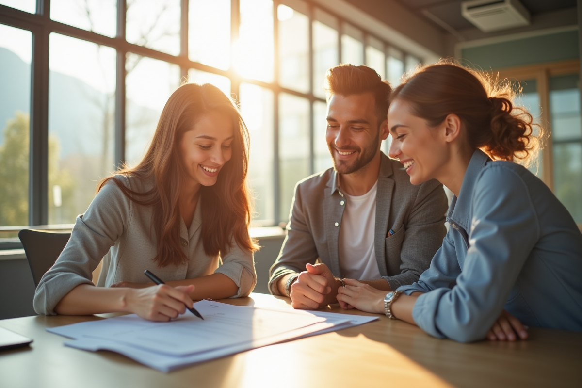 Jeune couple avec conseiller immobilier souriant