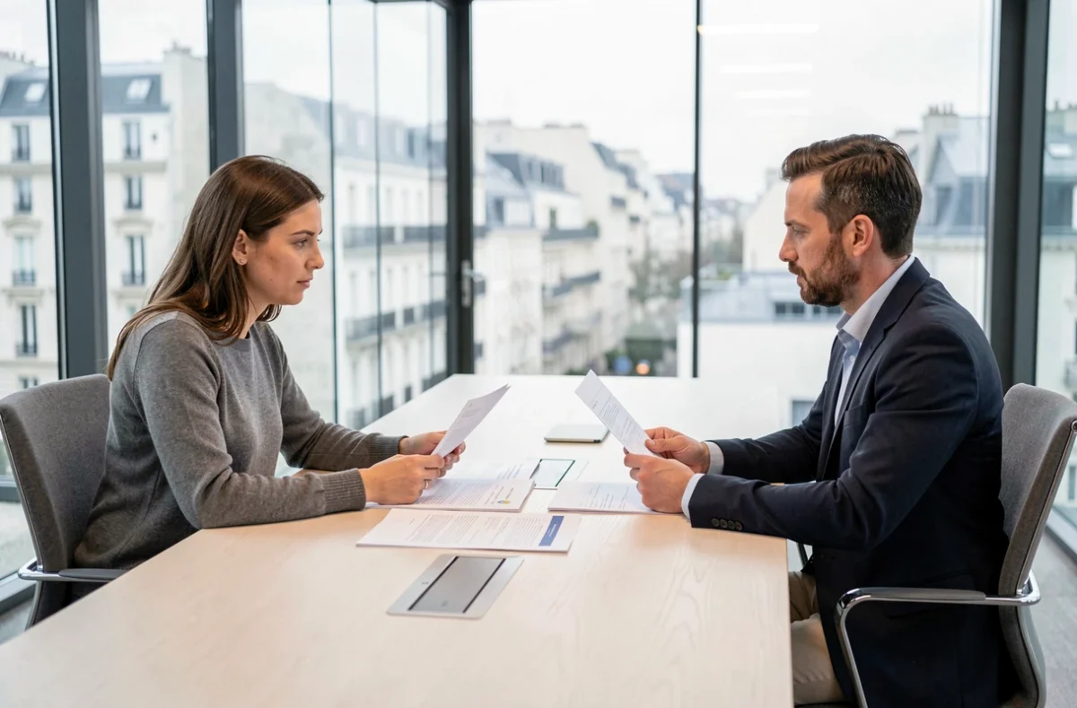 Couple consultant un avocat immobilier pour comprendre la garantie d'éviction dans un contrat de vente