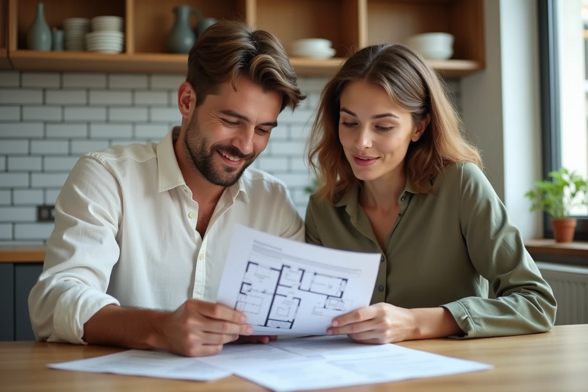 Couple consultant des documents immobiliers et le formulaire Cerfa 3233-SD dans leur appartement