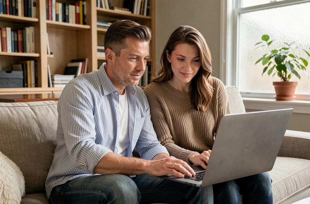 Couple consultant une visite virtuelle immobilière 360 sur ordinateur portable depuis leur domicile