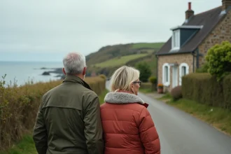 Couple regardant la maison en Normandie en extérieur