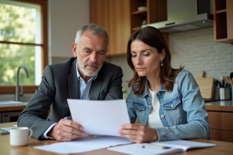 Un couple d'adultes en cuisine moderne examine des documents