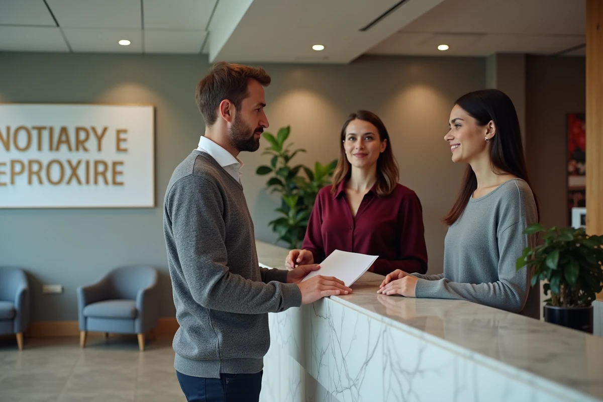 Un couple dépose des documents pour un achat immobilier à l'accueil d'une étude notariale