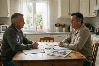 Couple en instance de divorce assis autour d'une table avec des documents immobiliers pour la vente d'une maison en Seine-et-Marne