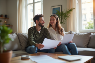 Jeune couple souriant avec documents dans un appartement lumineux