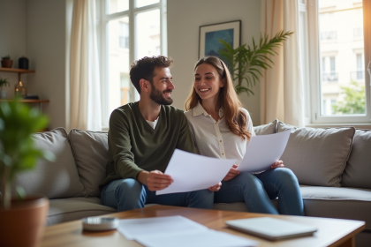 Jeune couple souriant avec documents dans un appartement lumineux