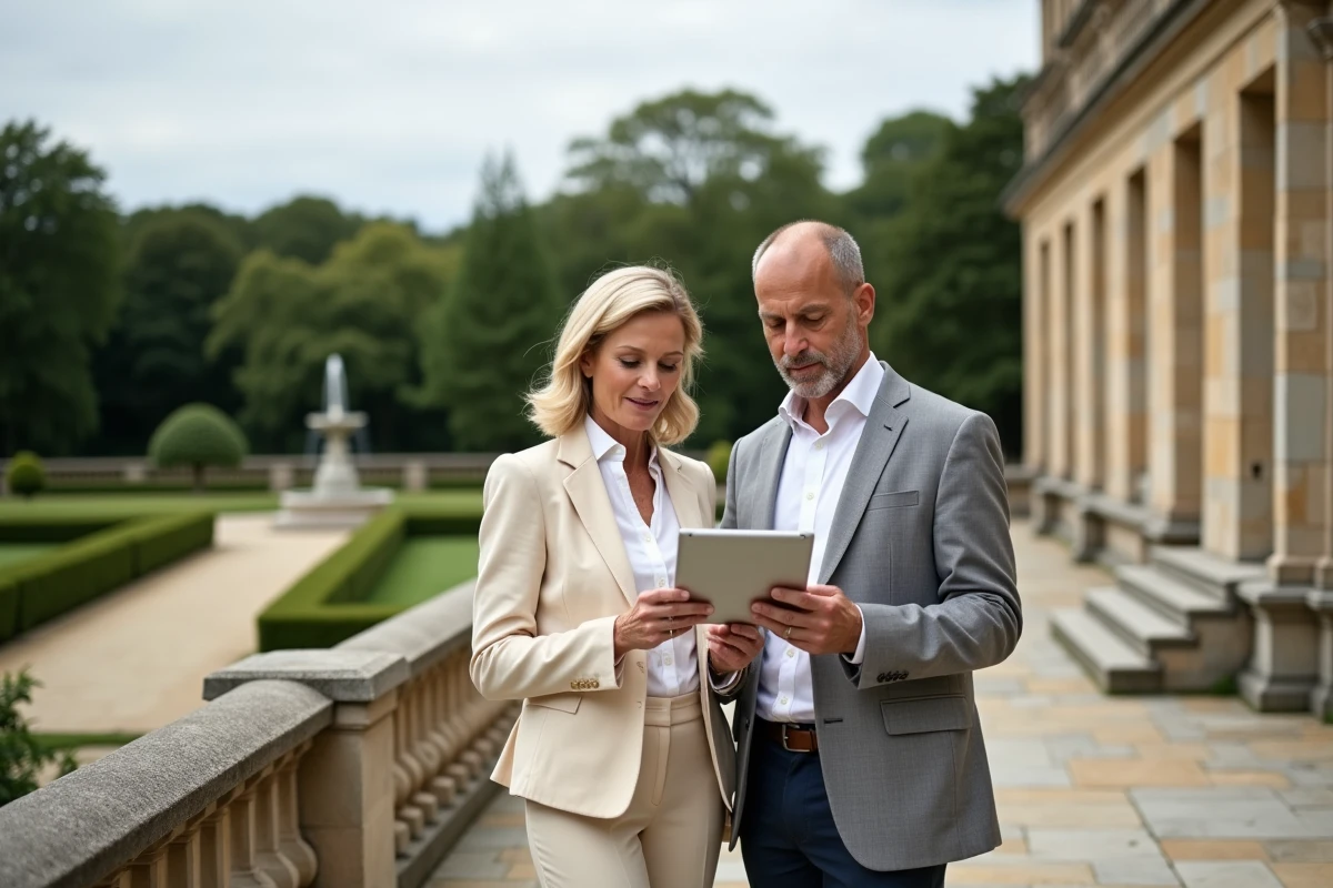 Couple évaluant les critères d'estimation d'une propriété de prestige sur la terrasse d'un manoir avec jardin à la française