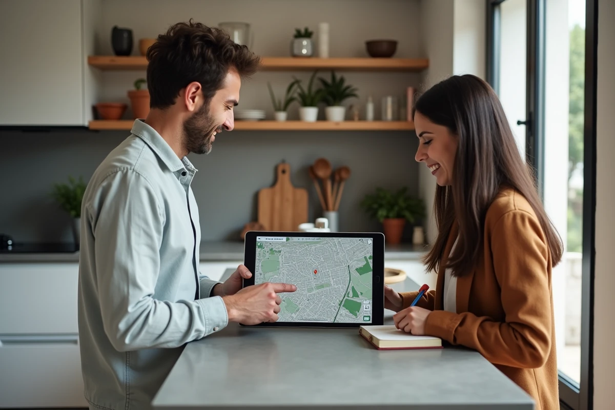 Couple d'expatriés étudiant une carte du quartier Presqu'île à Lyon sur tablette pour préparer un investissement immobilier à distance