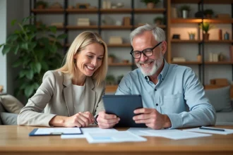 Couple souriant discutant finances avec tablette dans salon