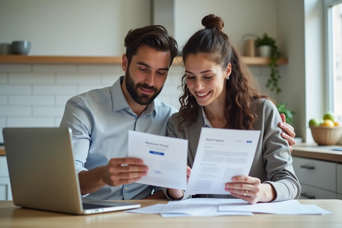 Couple gérant leurs documents de location sur l'espace client Foncia depuis une cuisine moderne