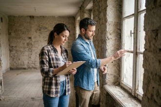Couple inspectant une vieille fenêtre en bois dégradée dans une maison ancienne à rénover, prenant des notes pour le projet de rénovation