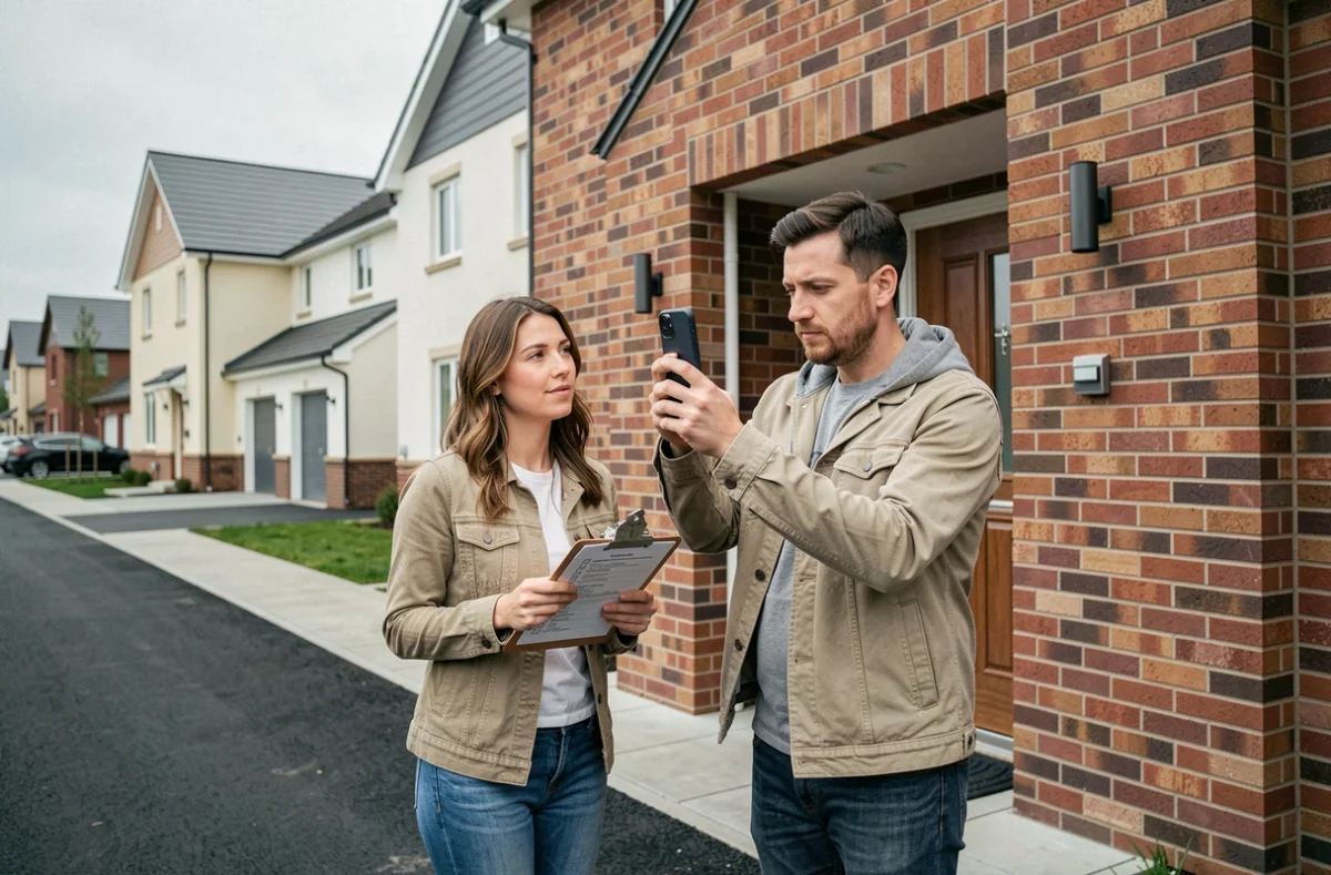 Couple vérifiant l'état d'une maison neuve avant signature pour sécuriser leur achat immobilier