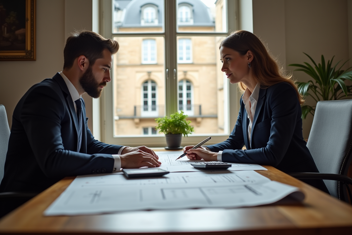 Couple élégant travaillant sur des plans immobiliers avec façade ancienne en arrière-plan