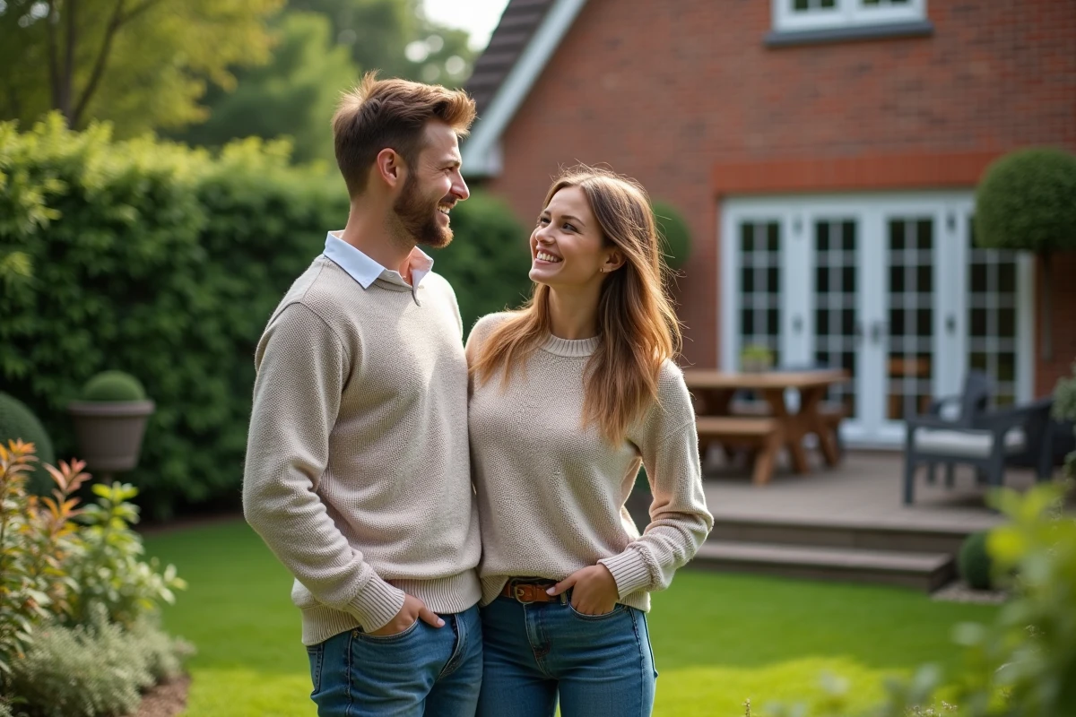 Jeune couple dans un jardin verdoyant devant une maison