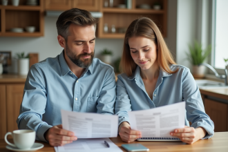 Couple d'adultes lisant des documents de prêt immobilier à la maison