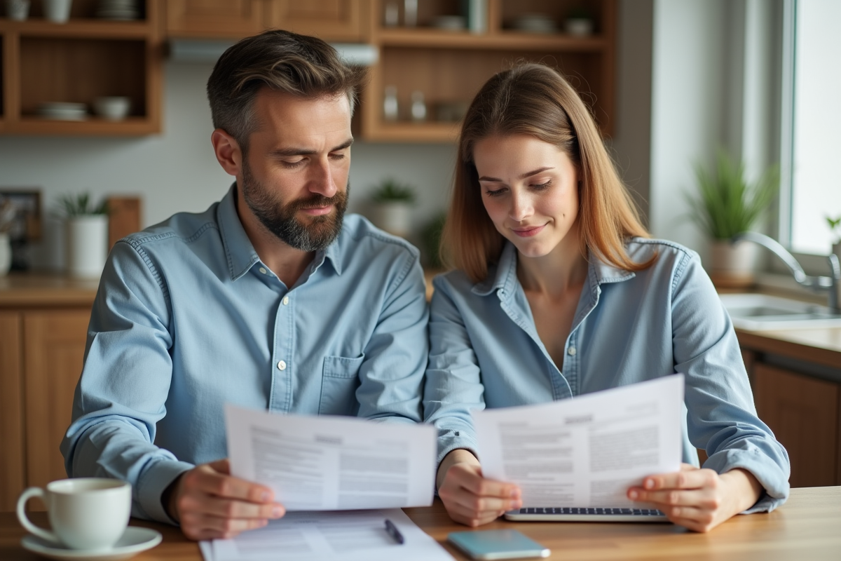 Couple d'adultes lisant des documents de prêt immobilier à la maison