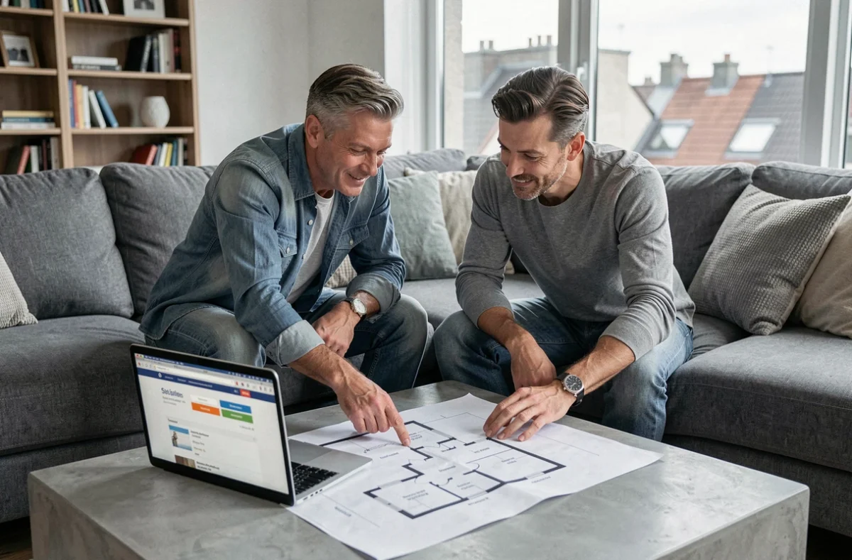 Couple examinant un plan de maison et un comparateur d'assurance habitation sur canapé