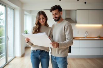 Jeune couple regardant des plans dans un appartement moderne