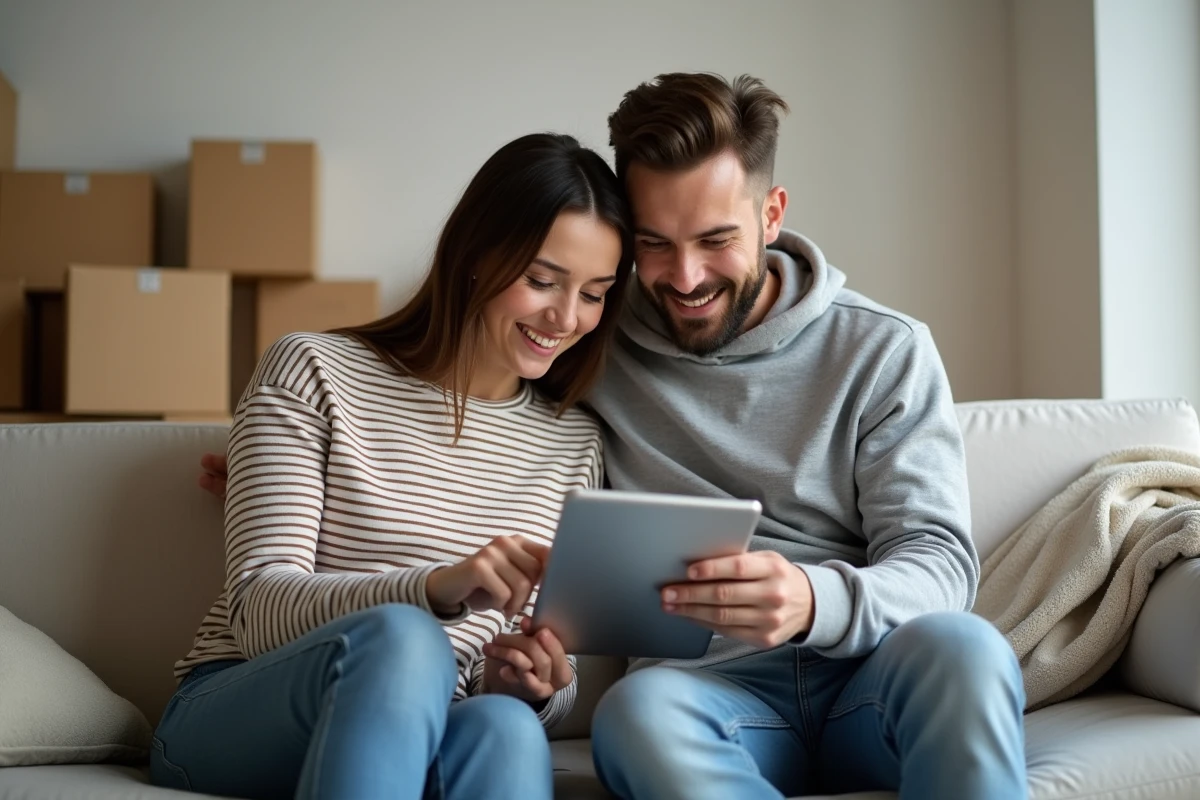 Couple cherchant rapidement un appartement ensemble sur une tablette entourés de cartons de déménagement