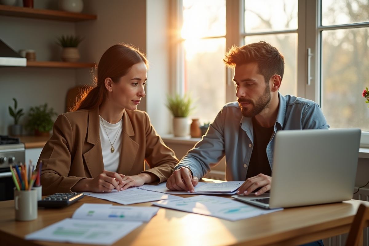 Jeune couple professionnel travaillant le matin à la maison