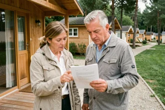 Couple de propriétaires examinant le règlement de leur chalet à vendre dans un parc résidentiel de loisirs