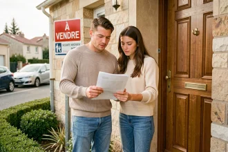 Couple visitant une maison à vendre avec des documents en main devant une façade en pierre beige