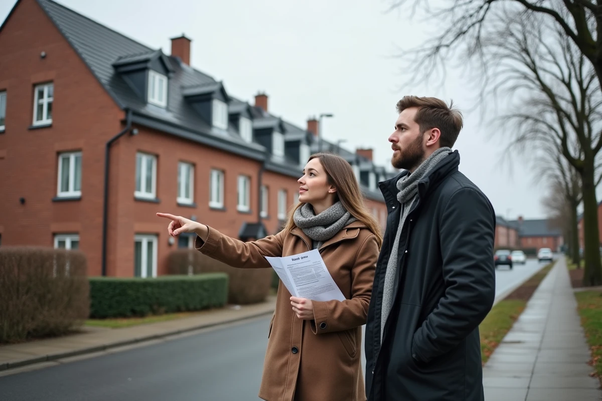 Couple devant une maison en briques à louer dans le Nord-Pas-de-Calais tenant une annonce imprimée du Bon Coin