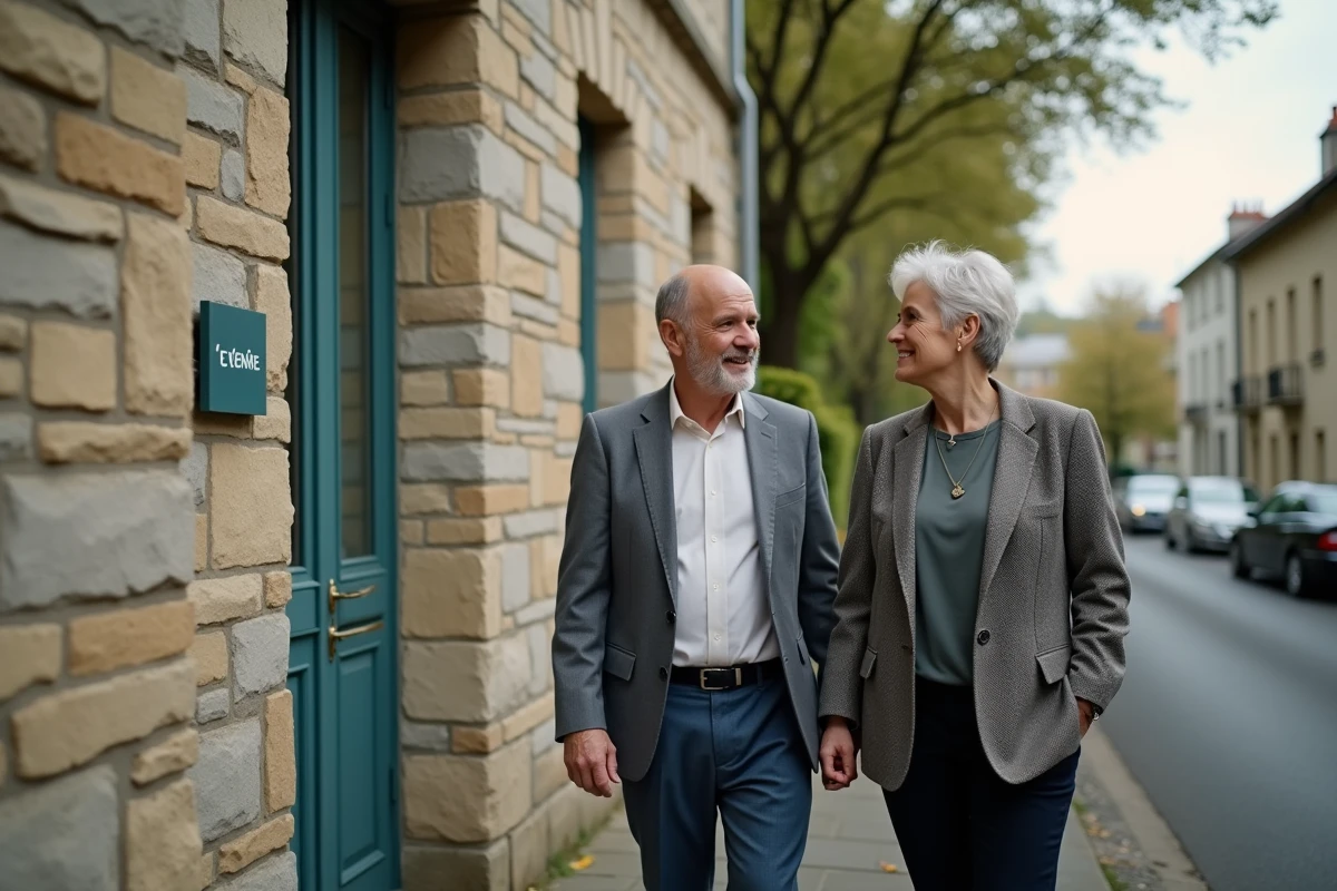 Couple visitant une maison à vendre dans une rue résidentielle, marché immobilier 2026