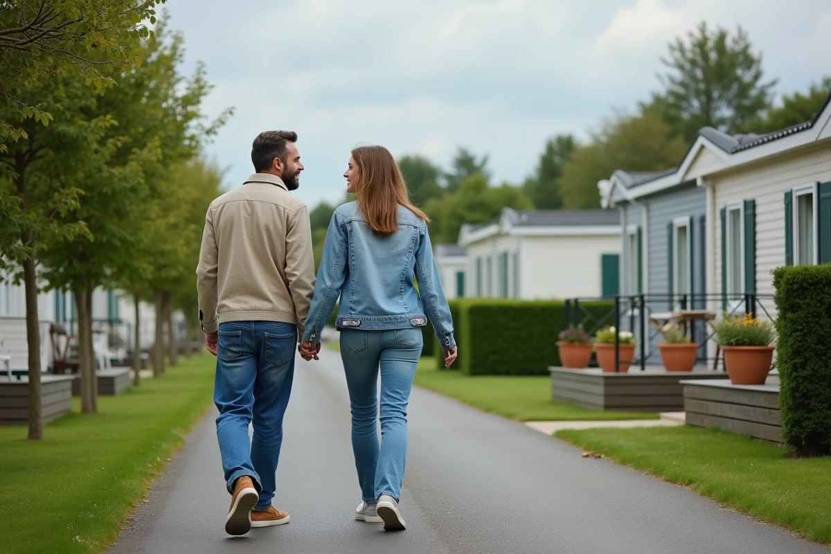 Couple visitant un parc résidentiel de loisirs pour un projet d'installation de mobil-home conforme à la loi ALUR 2026