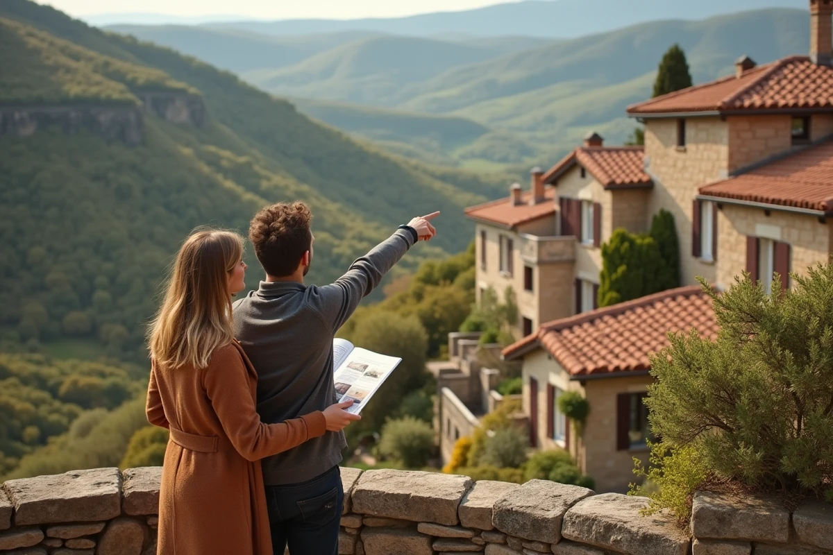 Couple d'investisseurs visitant un bien immobilier sur les coteaux d'un village français traditionnel
