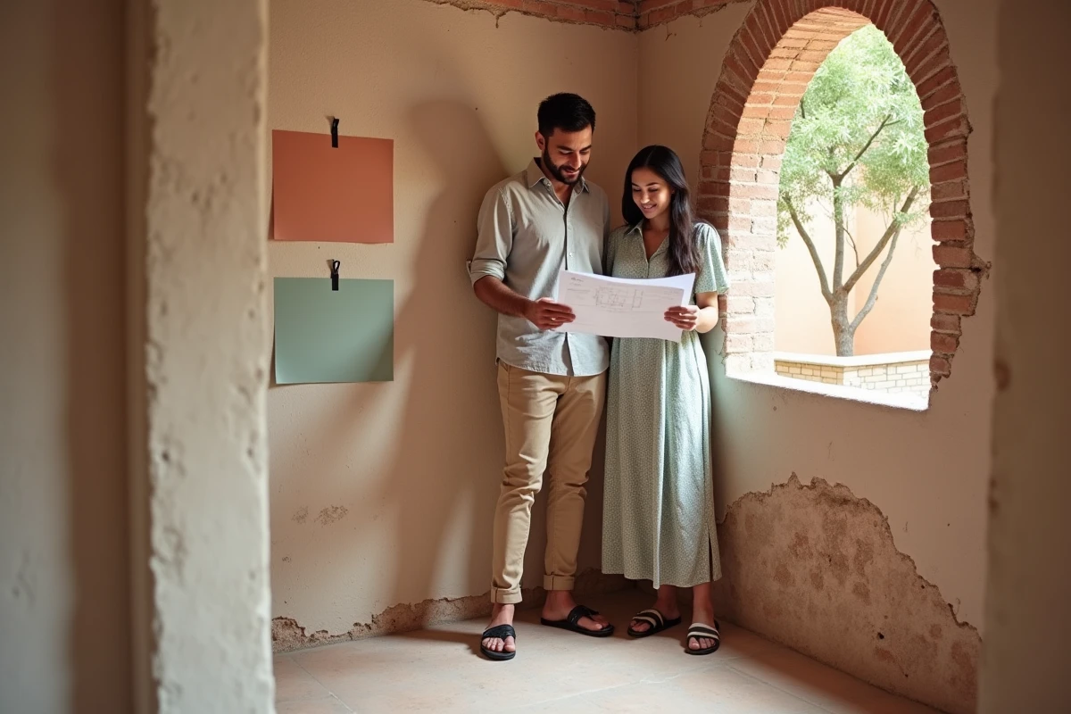 Jeune couple marocain visitant une petite villa à rénover à Marrakech, tenant un plan immobilier dans une pièce à réhabiliter