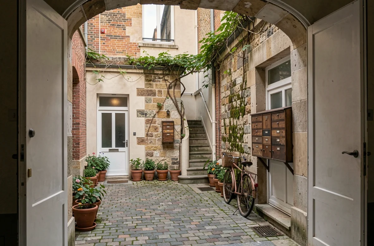 Cour intérieure d'un immeuble parisien typique avec pavés, vélo et boîtes aux lettres anciennes