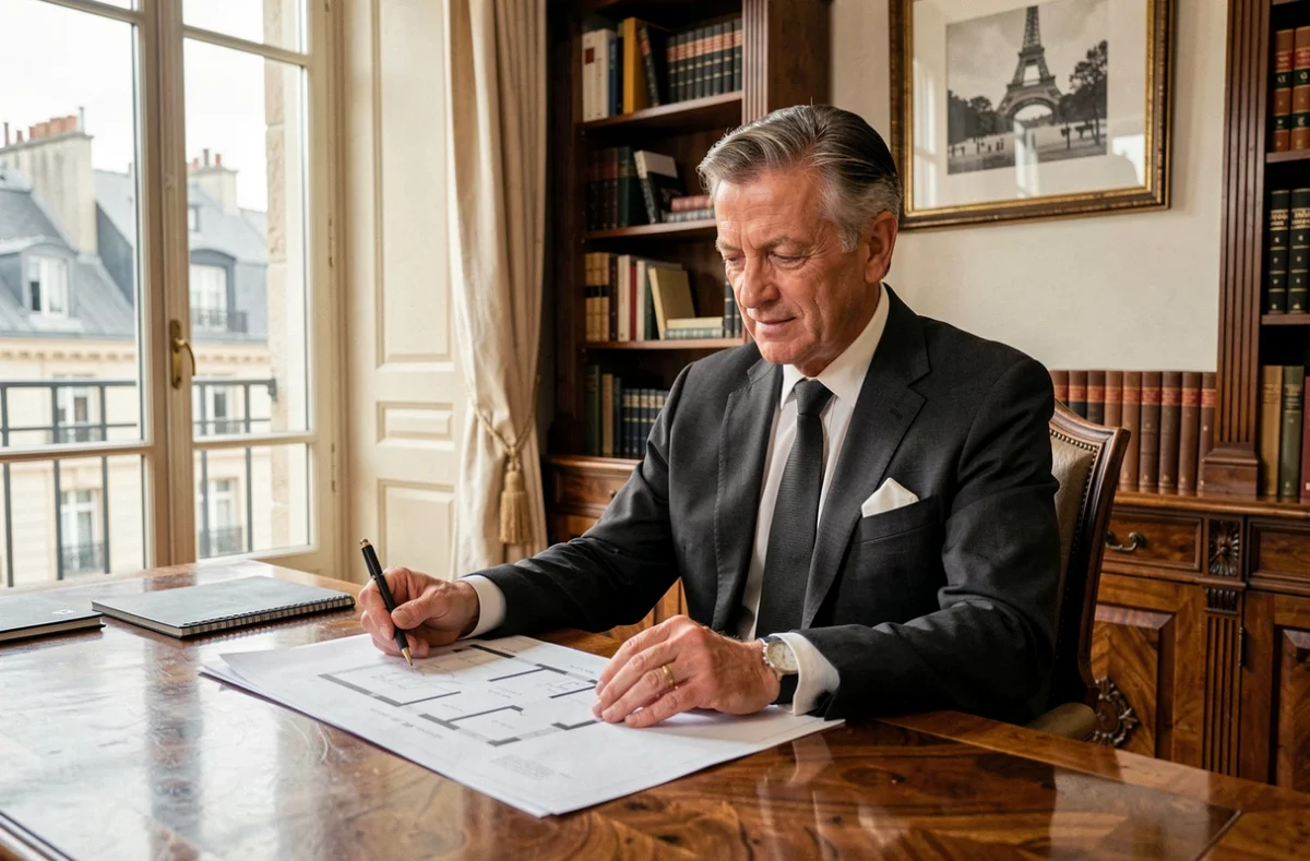 Consultant immobilier de luxe Daniel Féau dans un bureau parisien élégant examinant des plans d'appartement