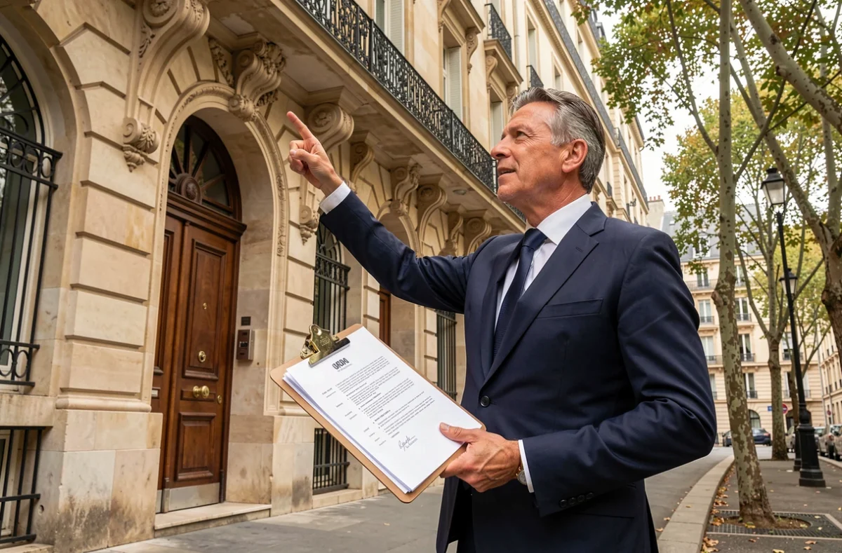 Agent De Ferla Immobilier Monge devant un immeuble haussmannien près de la Place Monge à Paris