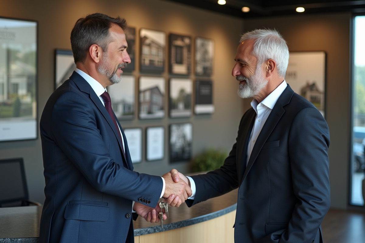 Deux hommes se serrent la main devant un comptoir immobilier
