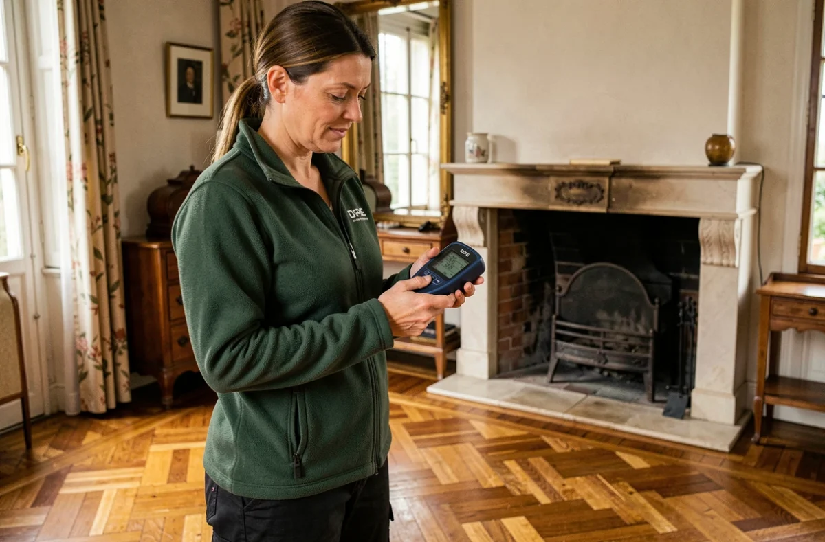 Professionnelle de DIAG 59 réalisant un diagnostic de performance énergétique dans un salon avec parquet ancien
