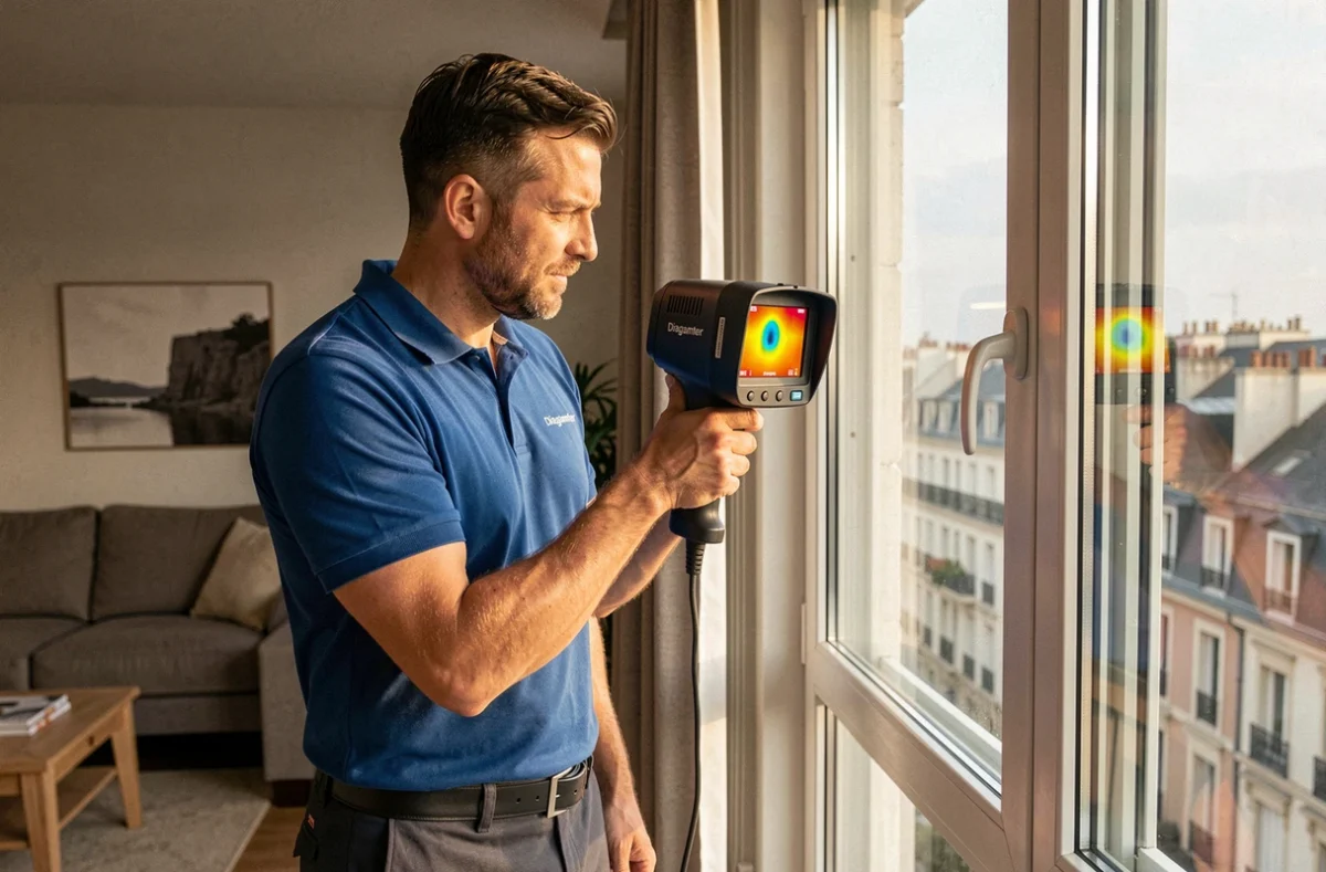 Technicien Diagamter utilisant une caméra thermique pour inspecter une fenêtre dans un appartement français