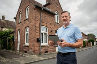 Diagnostiqueur immobilier professionnel devant une maison en briques du Nord avec tablette numérique et caméra thermique