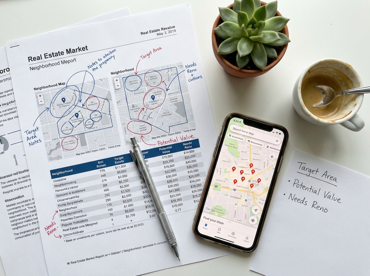 Documents de recherche immobilière annotés et outils de travail d'un chasseur de logement