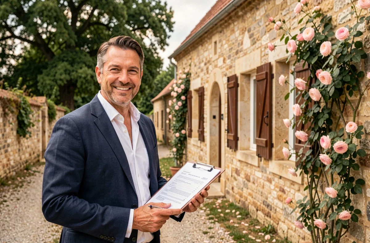Agent immobilier de Ducos Immobilier devant une maison en pierre typique du Lot-et-Garonne avec des documents de gestion locative